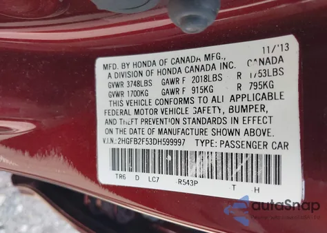 2013 Honda Civic Lx из США, поврежденный, VIN 2HGFB2F53DH599997